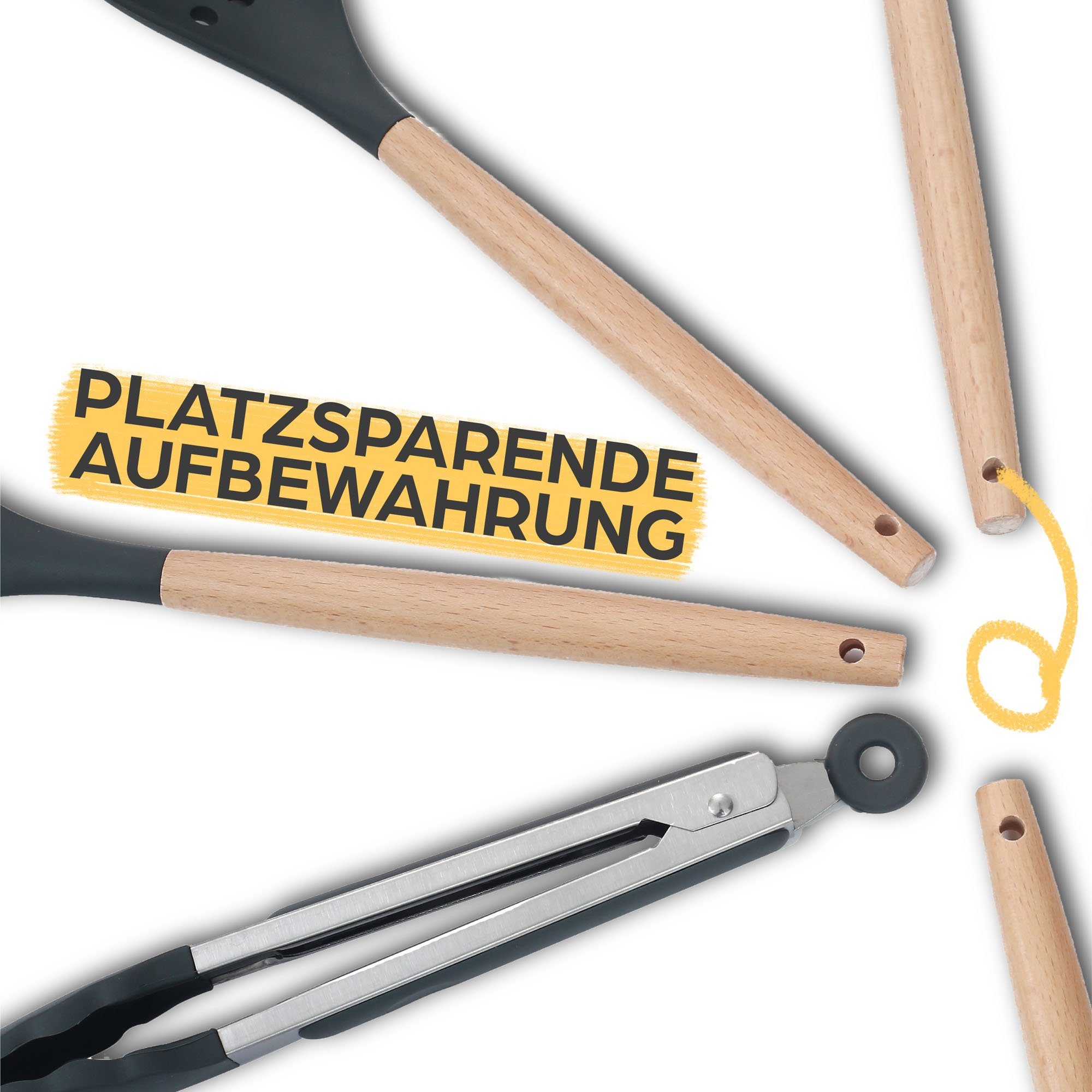 Praknu Kochbesteck-Set - 8 Silikon Küchenhelfer, Holzgriff Kochgeschirr Küchenutensilien (Set, 8-tlg), Küchen Accessoires Zubehör Haushalt Set & Halterung / Aufhängeschlaufe