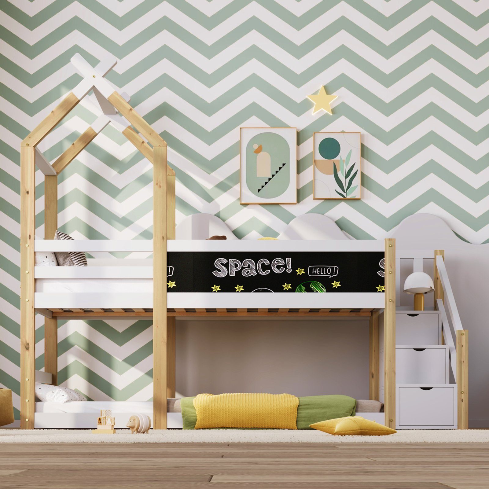 FUROKOY Holzbett Baumhaus Tafel Bett mit Speicherung und Rausfallschutz mit Wandtafel, , Etagenbett Hochbett 90 x 200 cm Natur & Weiß