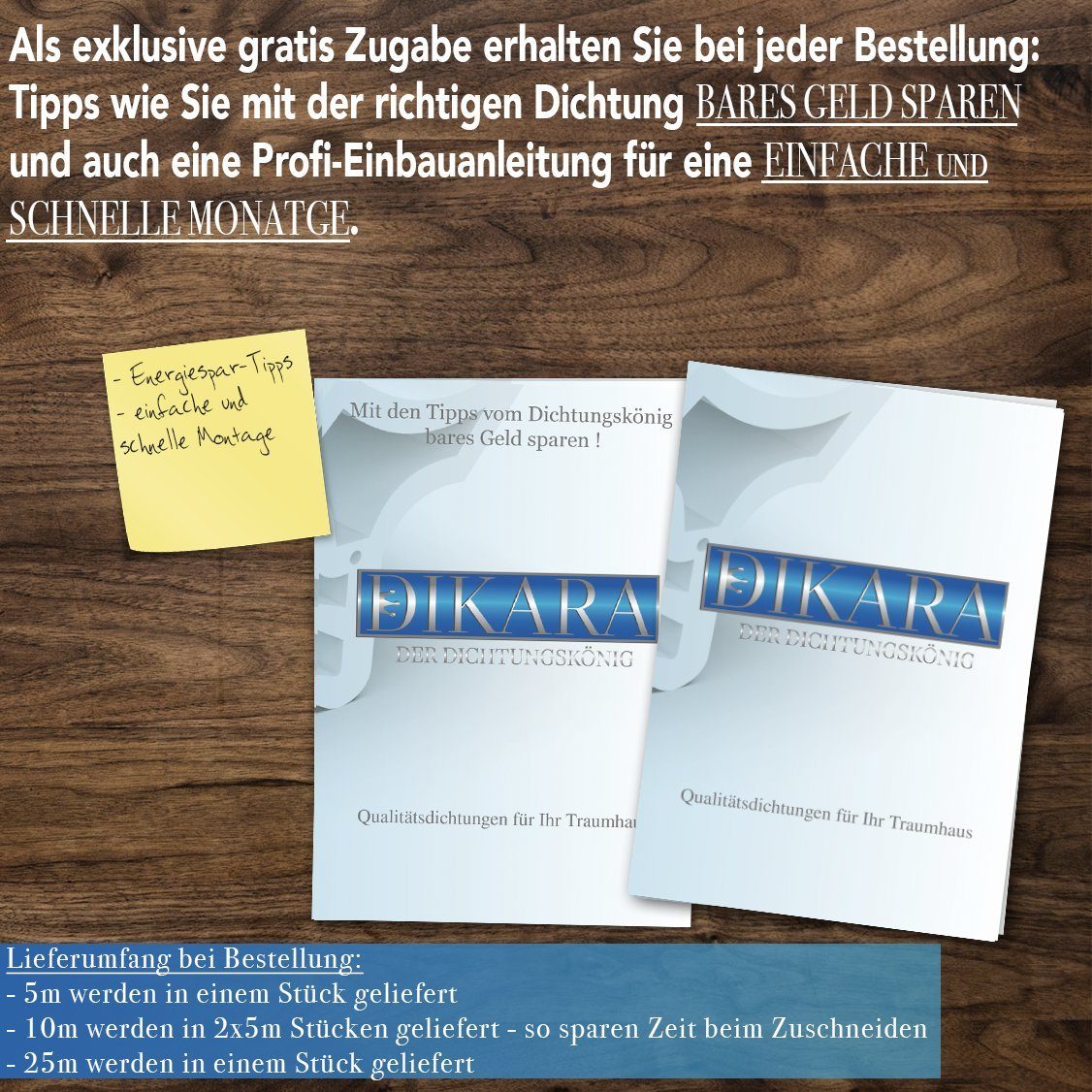 Dikara Dichtungsband Fensterdichtung Aluminium-, Kunststofffenster Höhe 10,6mm Nut 5,2mm, Antidehnungsfaden, TPE