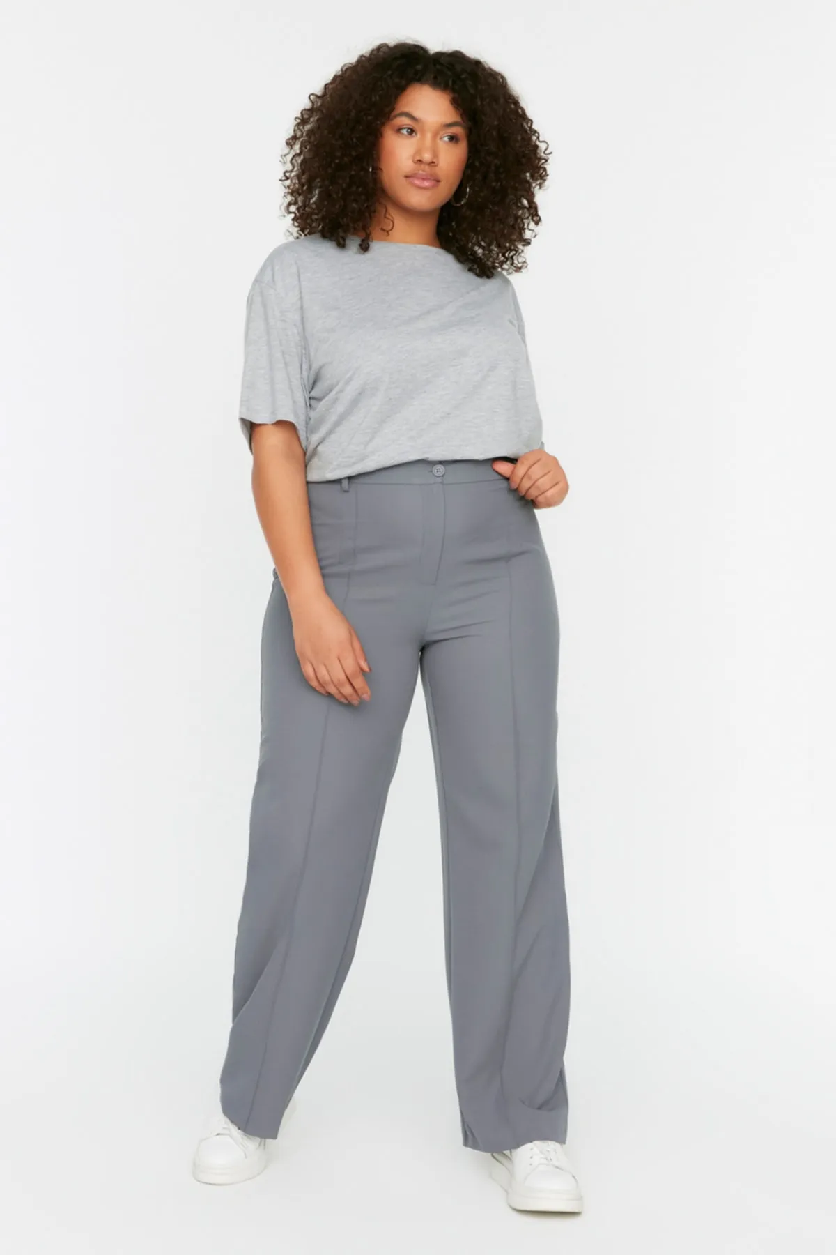 Trendyol Curve  Graue Hose mit hoher Taille und gerippten Nähten im spanischen Stil TBBSS22PL0301