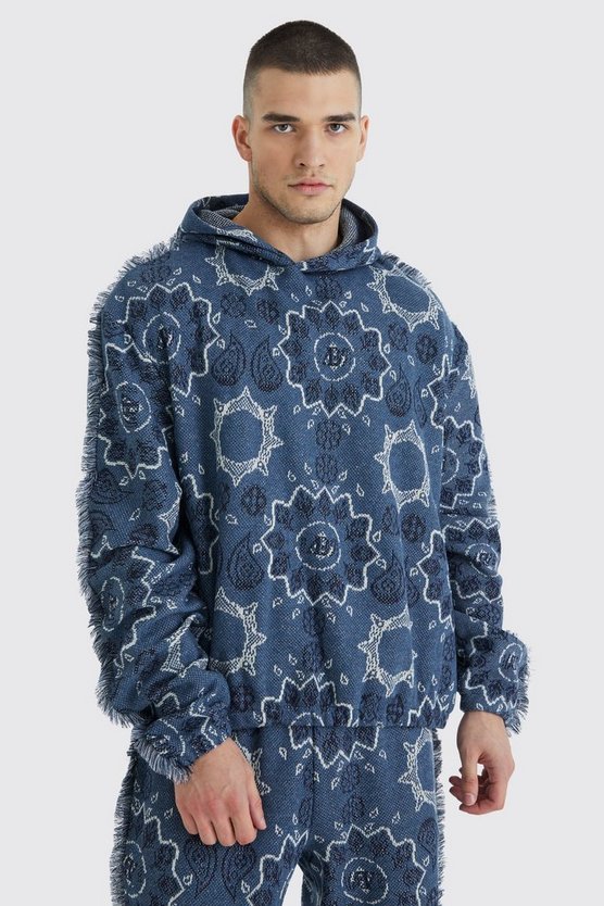 Tall Oversize Jacquard Hoodie mit Fransen