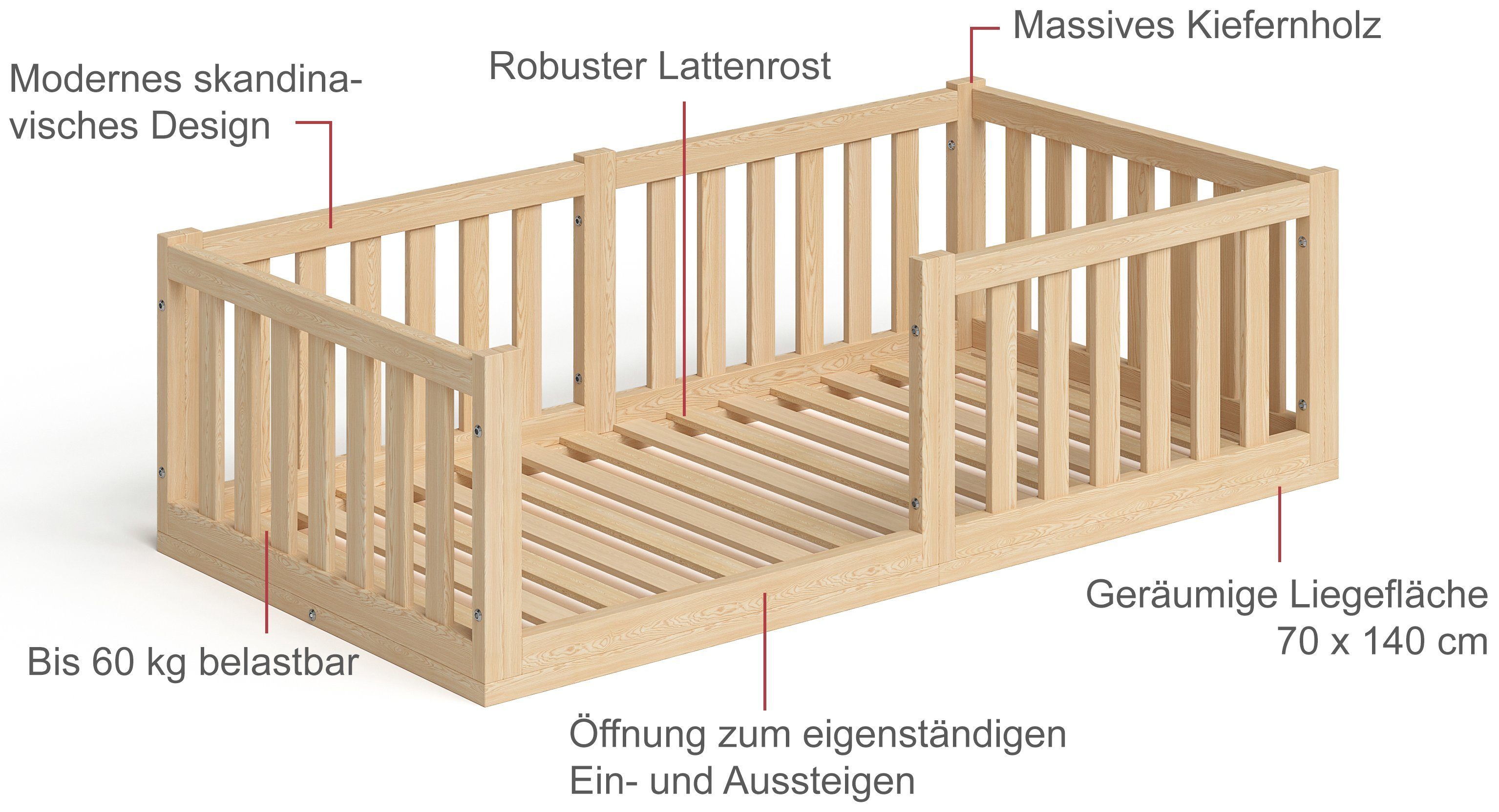 Bellabino Kinderbett Tapi (70x140, natur, inkl. Lattenrost und Rausfallschutz), aus Kiefer Massivholz, in verschiedenen Farben u. Größen