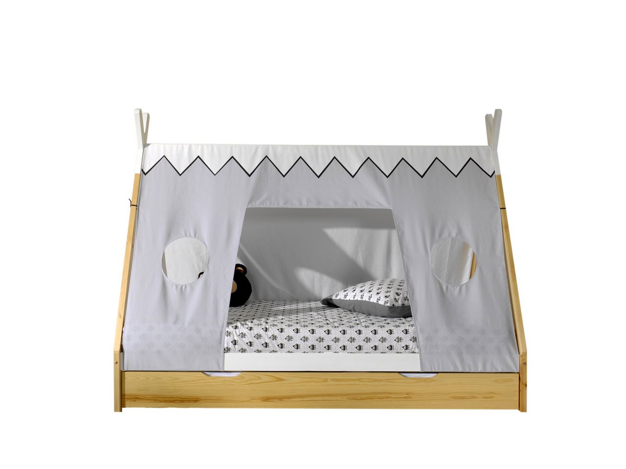 VIPACK Tipi Zelt Bett Liegefläche 90 x 200 cm, inkl. Rolllattenrost, Bettschublade und Textilzeltdach, Ausf. Kiefer massiv natur/weiß
