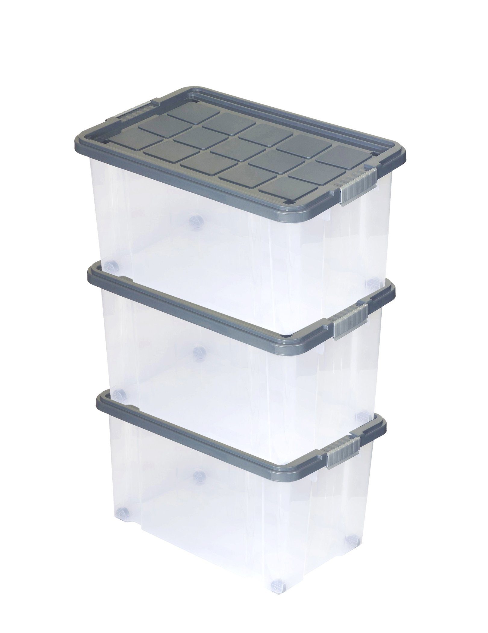 BigDean Allzweckkiste Eurobox mit Deckel und Rollen 60 x 40 x 33cm stahlgrau Griffe silber (3 St)