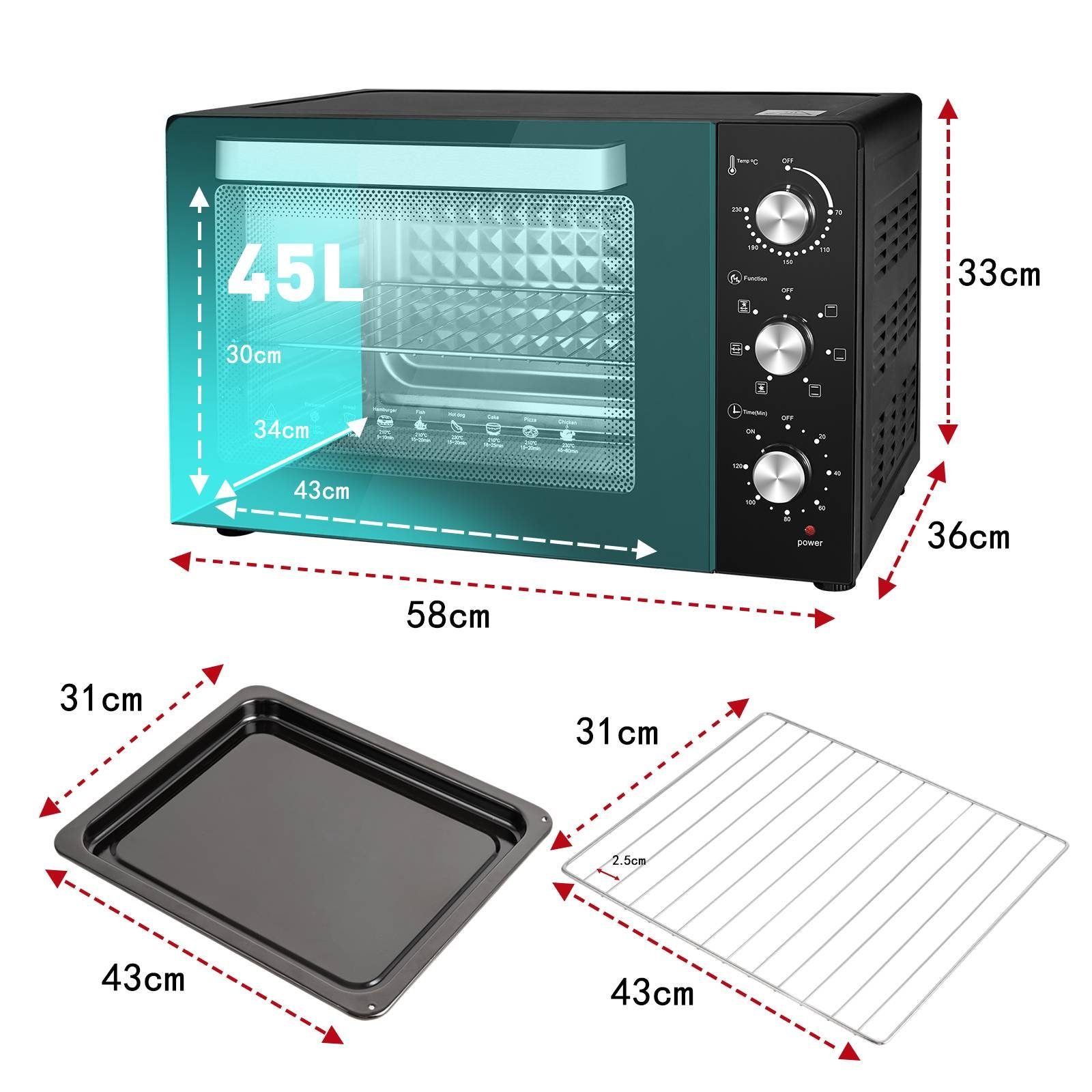 EUGAD Minibackofen, 45 L mit 4 Ebenen, 6 Modi, zweilagige Tür, Timer, 1700W