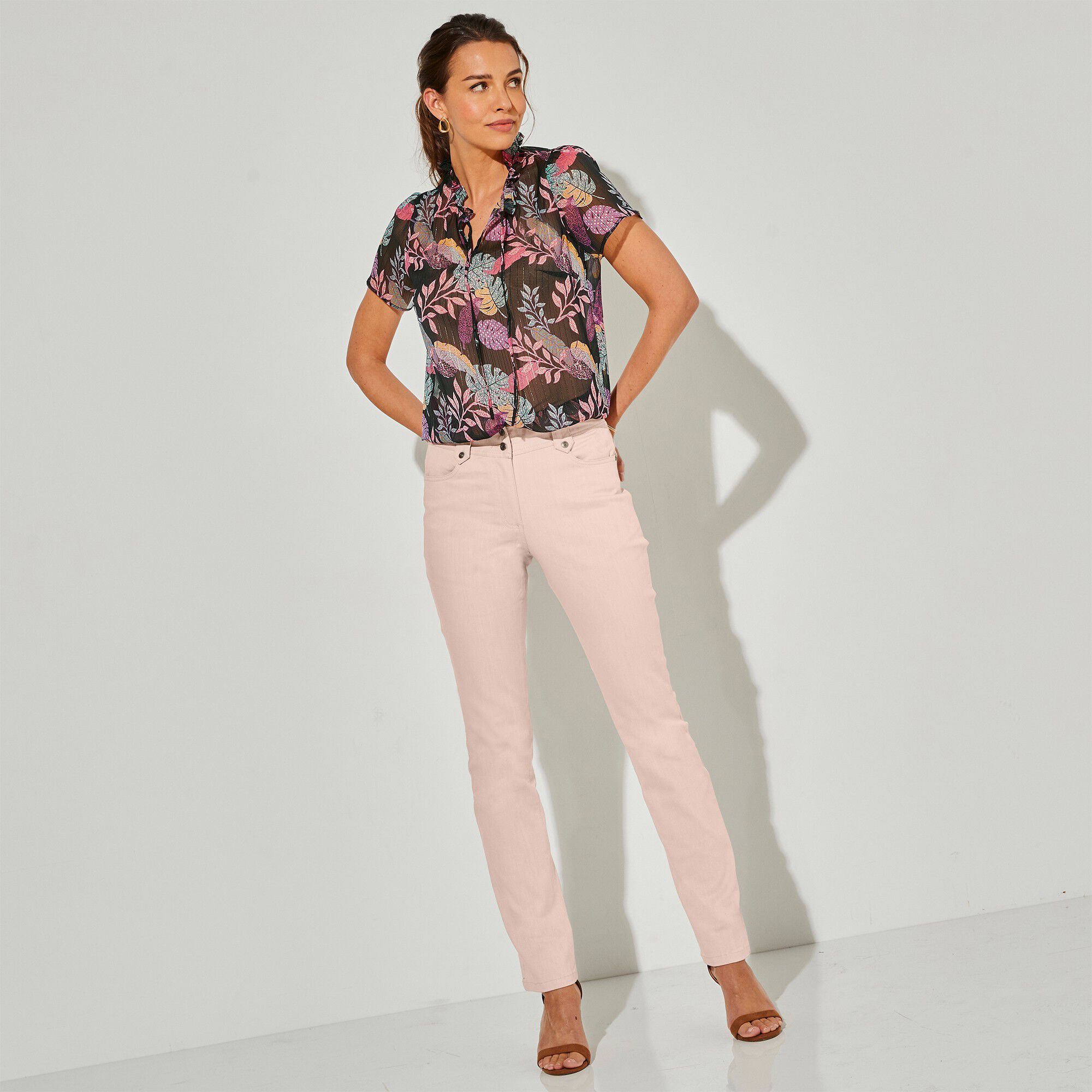 Pantalon droit taille haute effet denim