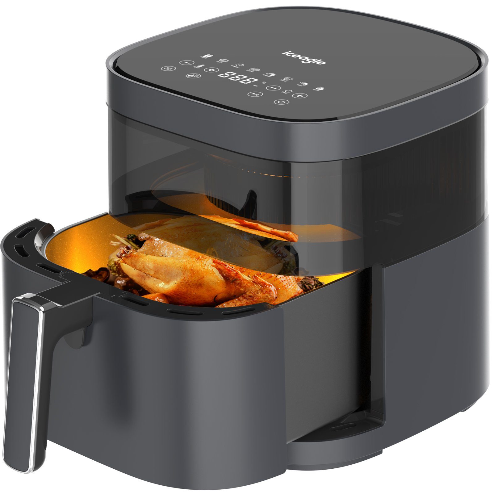 iceagle Heißluftfritteuse Heißluftfritteuse KDF-615A 6.7L Air Fryer mit Sichtfenster, 1700,00 W, 8 Voreingestellte Funktionen, Sichtbares Sichtfenster, Einstellbare Temperaturregelung, Einfache Reinigung, Individueller Lichtsteuerung, onhe Öl, Grau