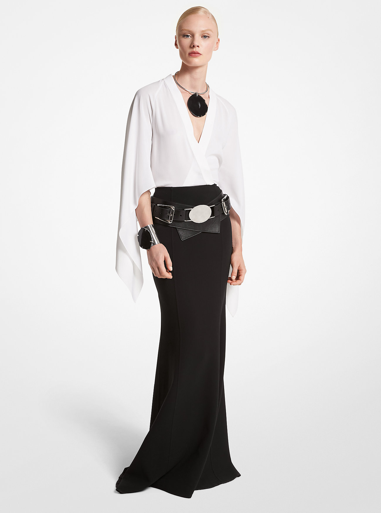 Double Faced Stretch Wool Fishtail Skirt - BLACK