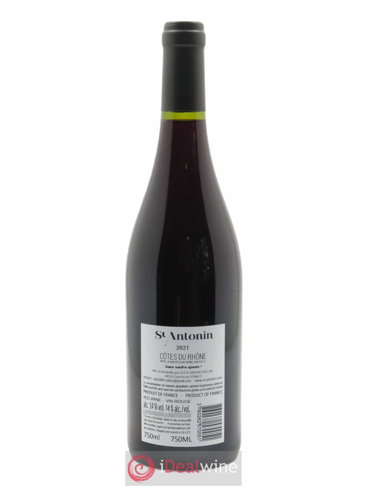 Côtes du Rhône Sans sulfite ajoutés Clos Saint Antonin  2021 - Lot de 1 Bouteille