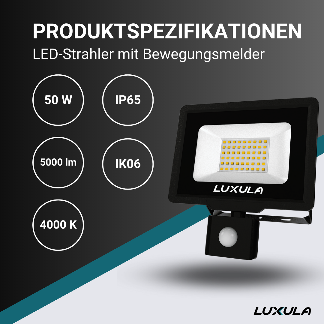 LUXULA LED-Fluter mit Bewegungsmelder, 50 W, 3000 K