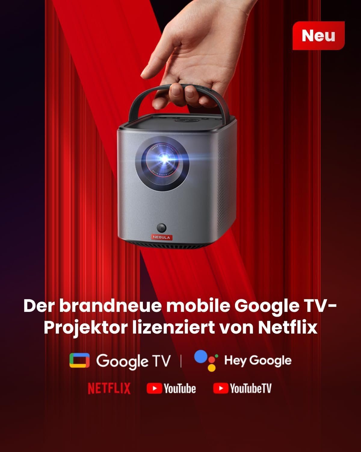 Nebula Anker Mars 3 Air Mini mit Google TV, Smart, WLAN Portabler Projektor (400 lm, 1080p px, mit Dolby Digital, 2*8W, 150-Zoll Bild, Integrierter Akku, 2,5 Stunden)