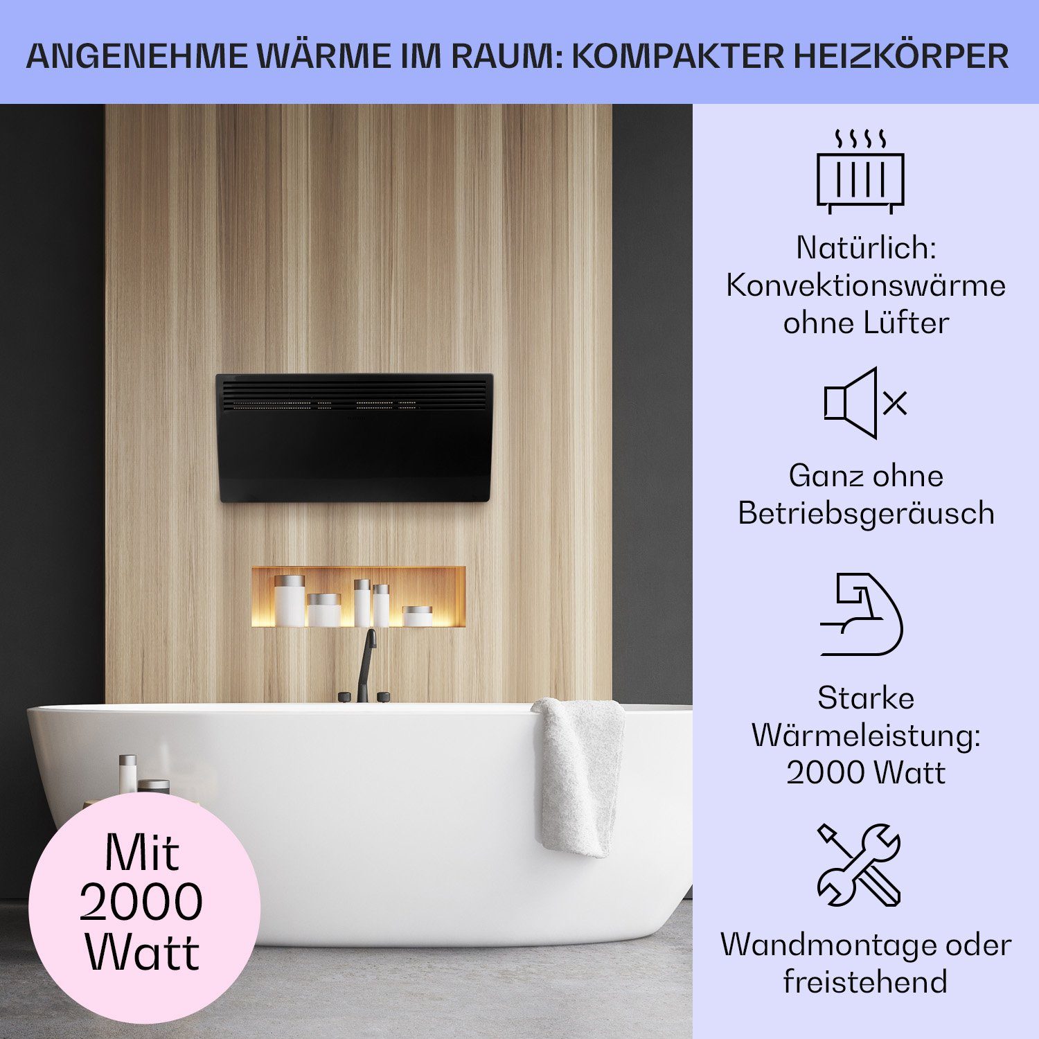 Klarstein Heizstrahler Hot Spot Slimcurve, 2000 W, Konvektorheizung elektrisch Elektrokoheizung energiesparend Heizkörper