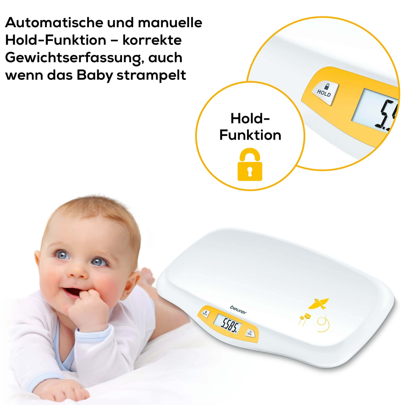 Beurer Babywaage - BY 80-Babywaage mit Hold-Funktion für genaues Wiegen trotz Bewegungen
