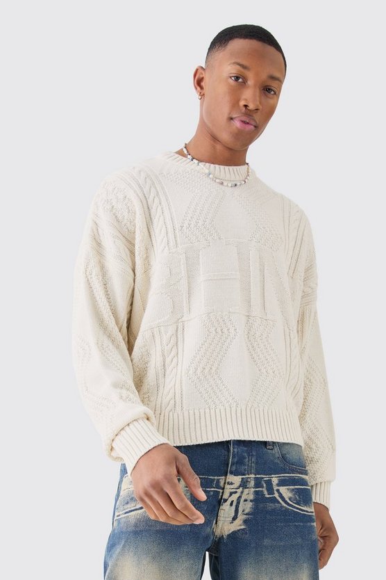 Kastiger Oversize Zopfmuster-Pullover
