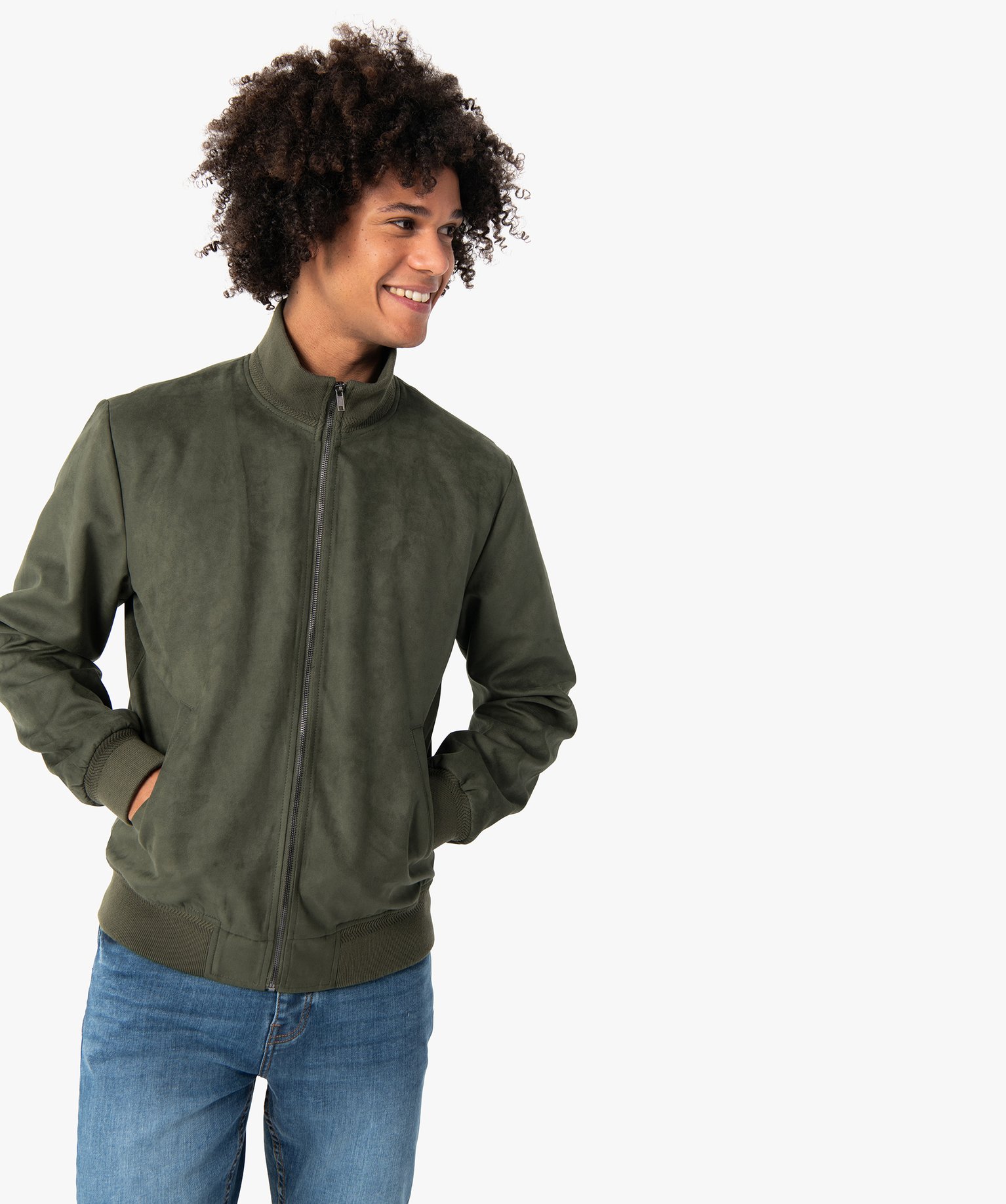 Blouson homme en suédine avec finitions bord-cte kaki | GEMO