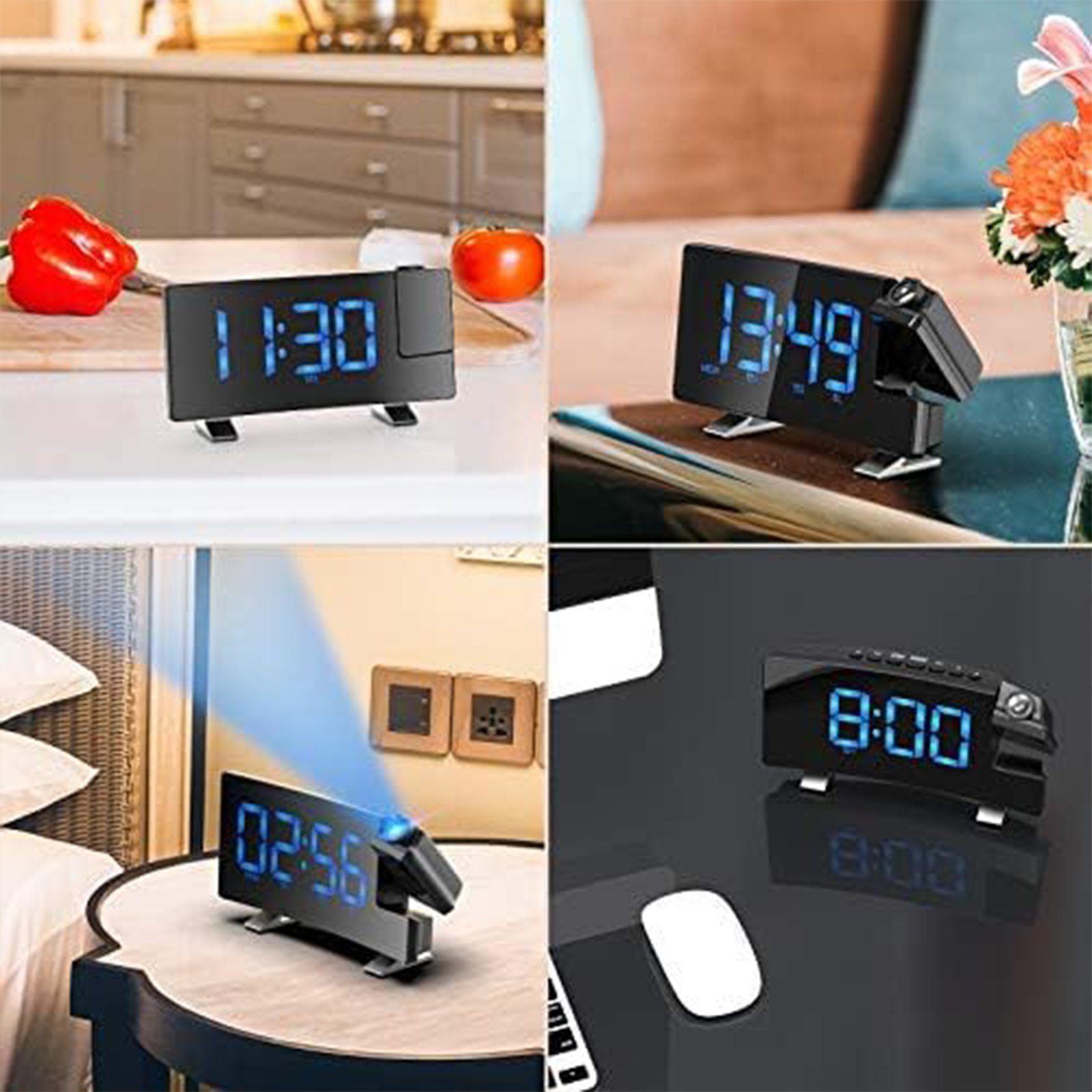 REDOM Projektionswecker Digital Wecker Radiowecker Digitalwecker Projektion LED Alarm Radio ohne Akku Projektion 180 ° LED-Alarm Temperatur 12/24H USB-Anschluss