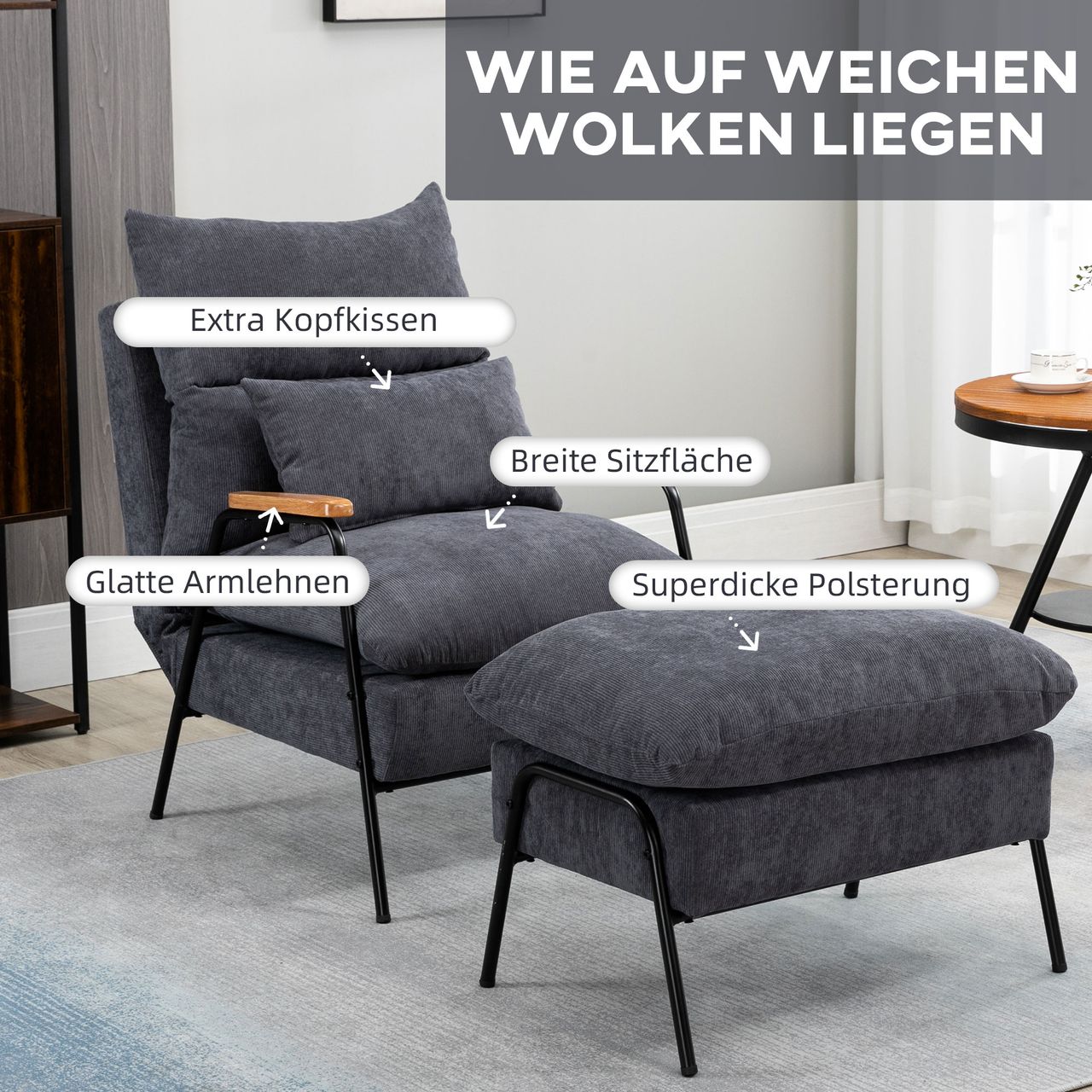 HOMCOM Ohrensessel mit Hocker, Relaxsessel mit neigbarer Rückenlehne, Grau