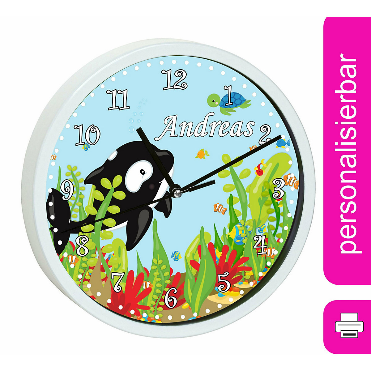 Kinder Wanduhr personalisiert mit Name Unterwasserwelt