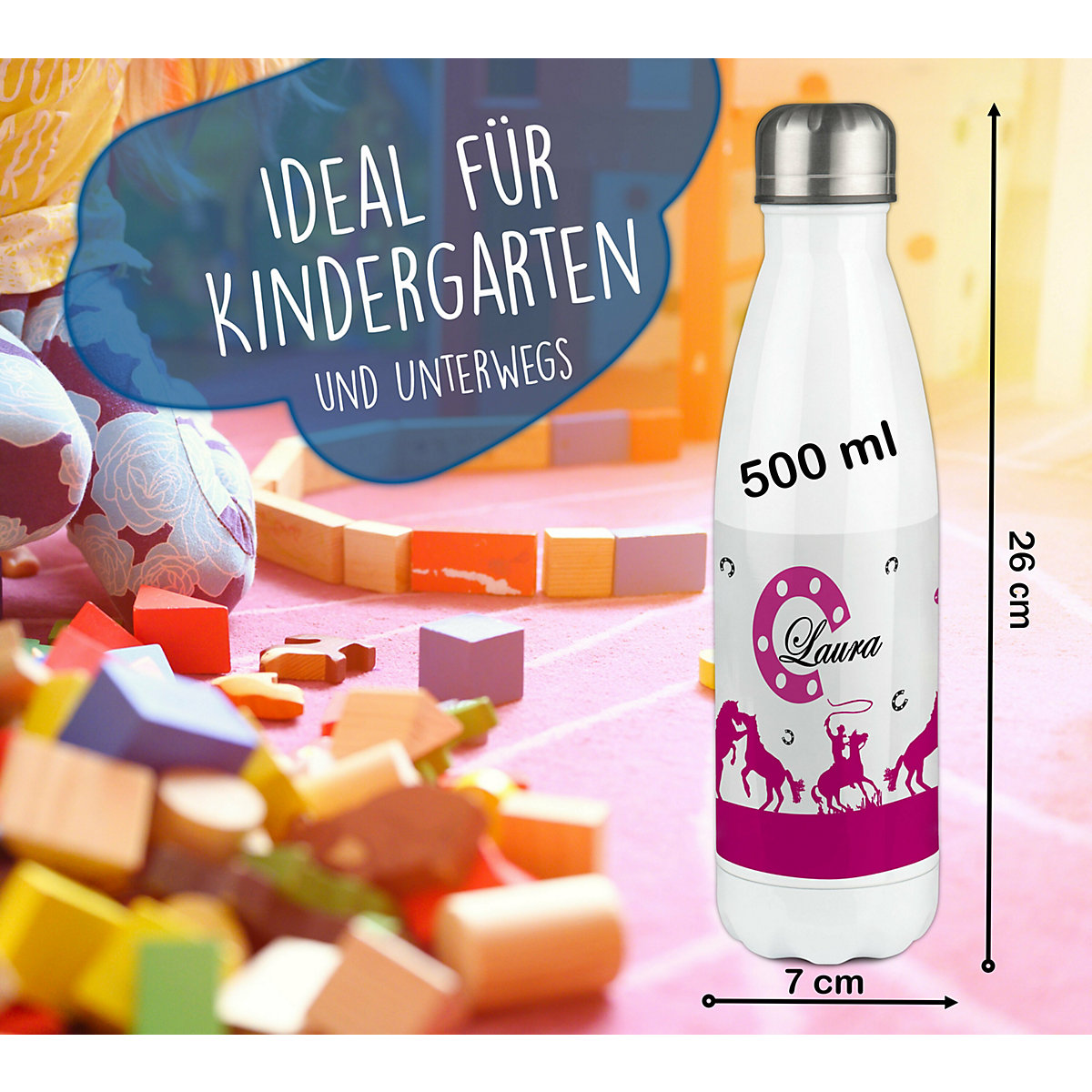 Edelstahl Kinder Thermoflasche / Trinkflasche bunt Cowboy Pferde Farbe pink Spülmaschinenfest, Auslaufsicher, Bruchfest, Doppelwandig, Für Heißgetränke geeignet, Mit Deckel, Isoliert