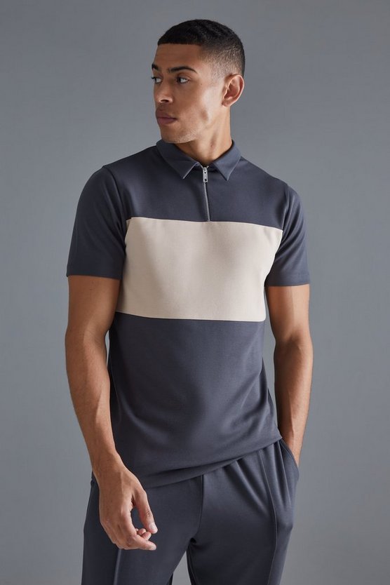 Kurzärmliges Slim-Fit Colorblock Poloshirt mit 1/4 Reißverschluss