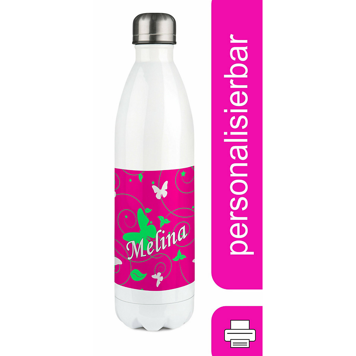 Edelstahl Kinder Thermoflasche / Trinkflasche bunt Schmetterling Ornamente Farbe pink apfelgrün Spülmaschinenfest, Auslaufsicher, Bruchfest, Doppelwandig, Für Heißgetränke geeignet, Mit Deckel, I