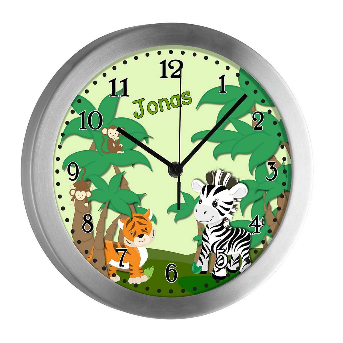 Funkuhr / Wanduhr mit Namen personalisiert Safari-Zebra Atom-/Funkuhr