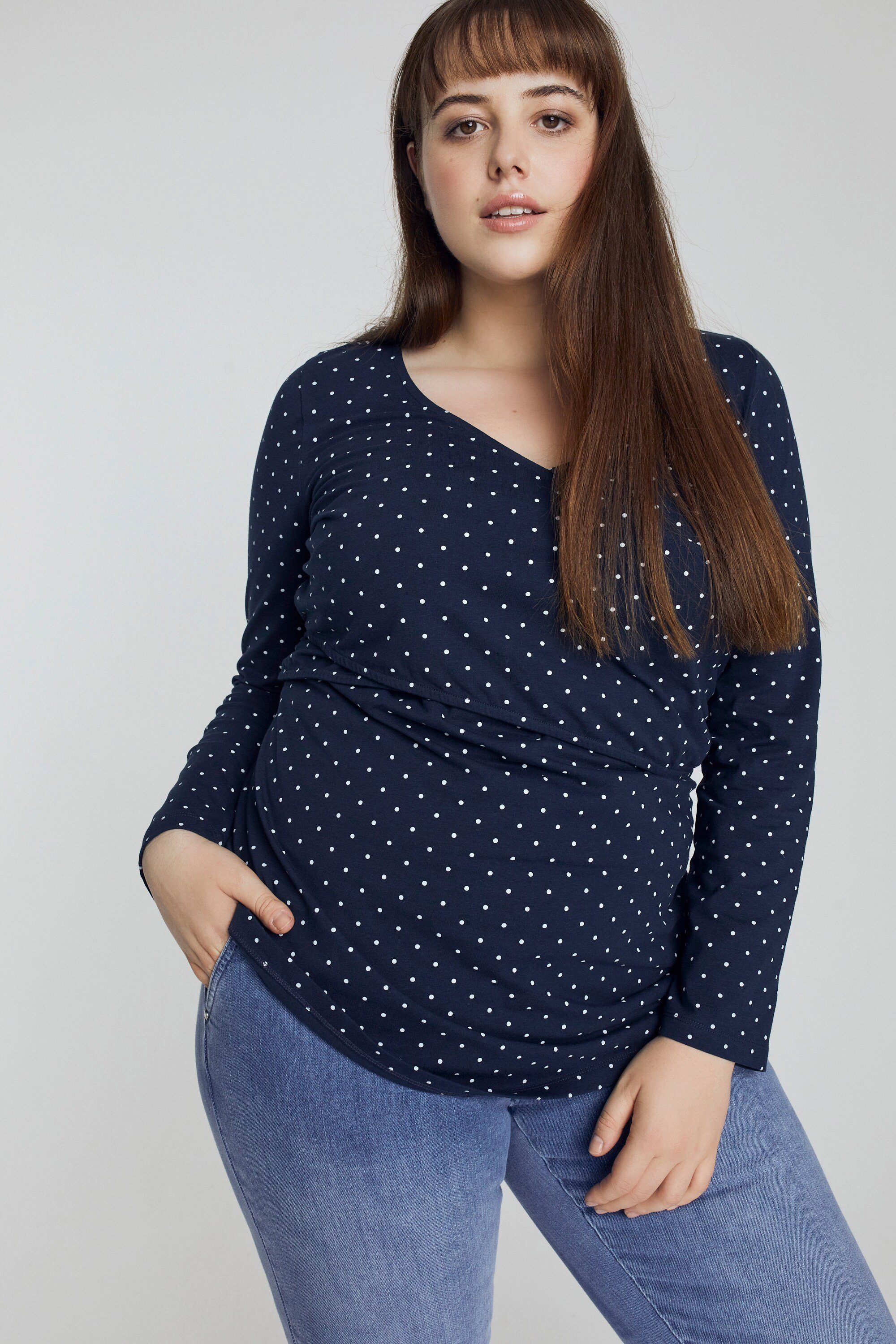 Ulla Popken Umstandsshirt Bellieva-Wickelshirt Punkte V-Ausschnitt Langarm