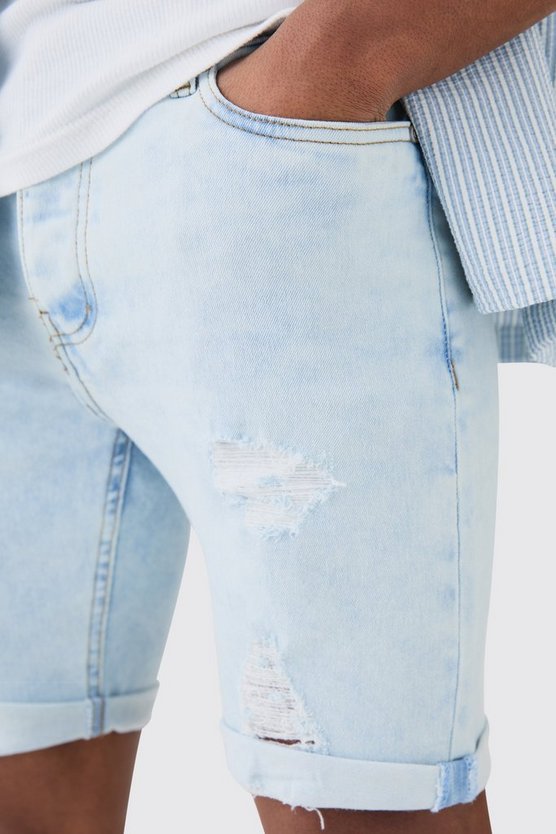 Zerrissene Skinny Stretch Jeansshorts in Ice Blue