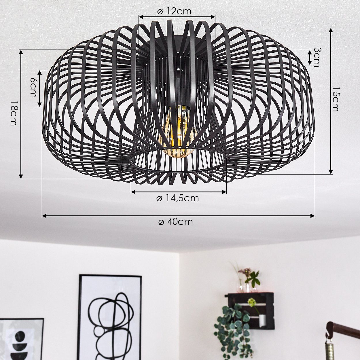 hofstein Deckenleuchte Pieris runde Deckenlampe aus Metall in Schwarz, ohne Leuchtmittel, E27, Retro-Leuchte mit Lichteffekt durch Gitter-Optik