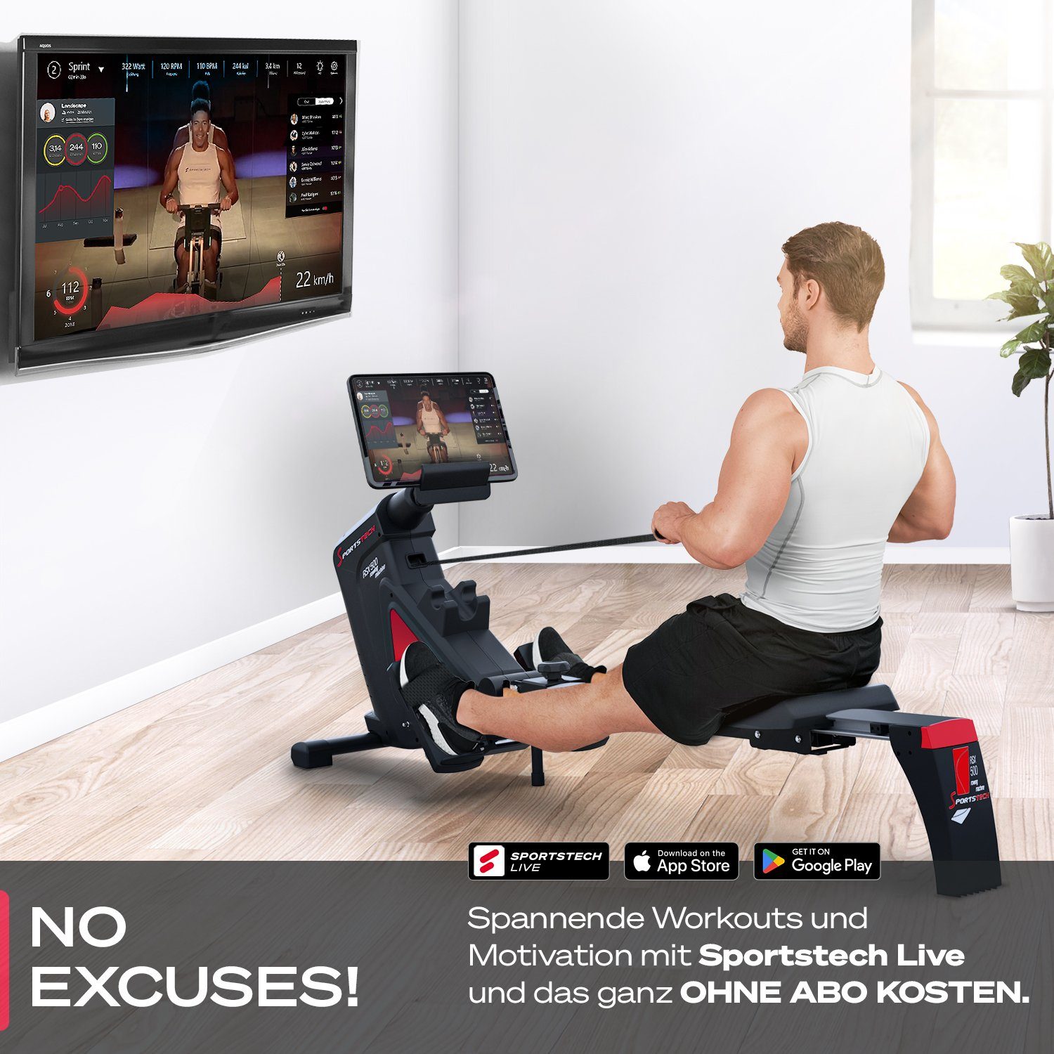 Sportstech Rudergerät RSX500, Rudergerät inkl. Pulsgurt, mit Magnetwiderstand