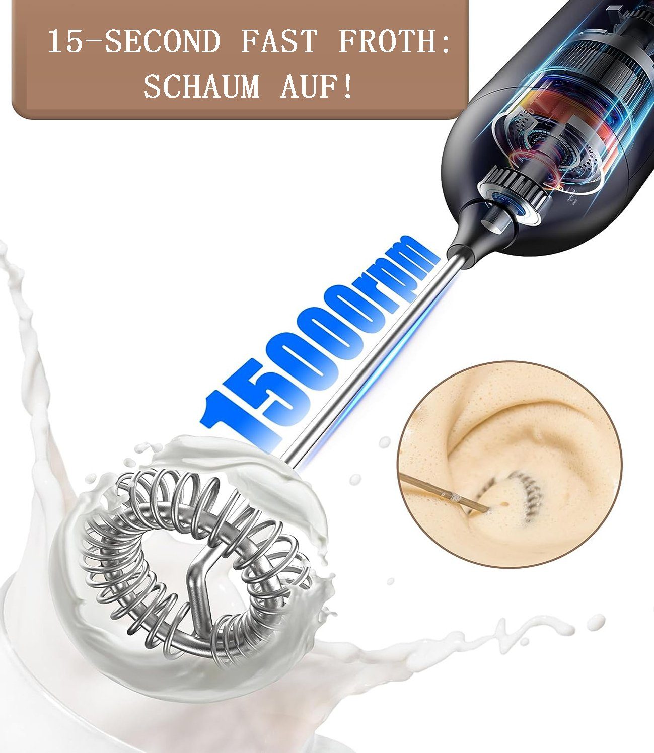 flowgoer Milchaufschäumer Elektrischer Milchaufschäumer, USB-Aufladung, Handaufschäumer, Eingebauter wiederaufladbarer 500-mAh-Lithium-Akku, tragbares Design