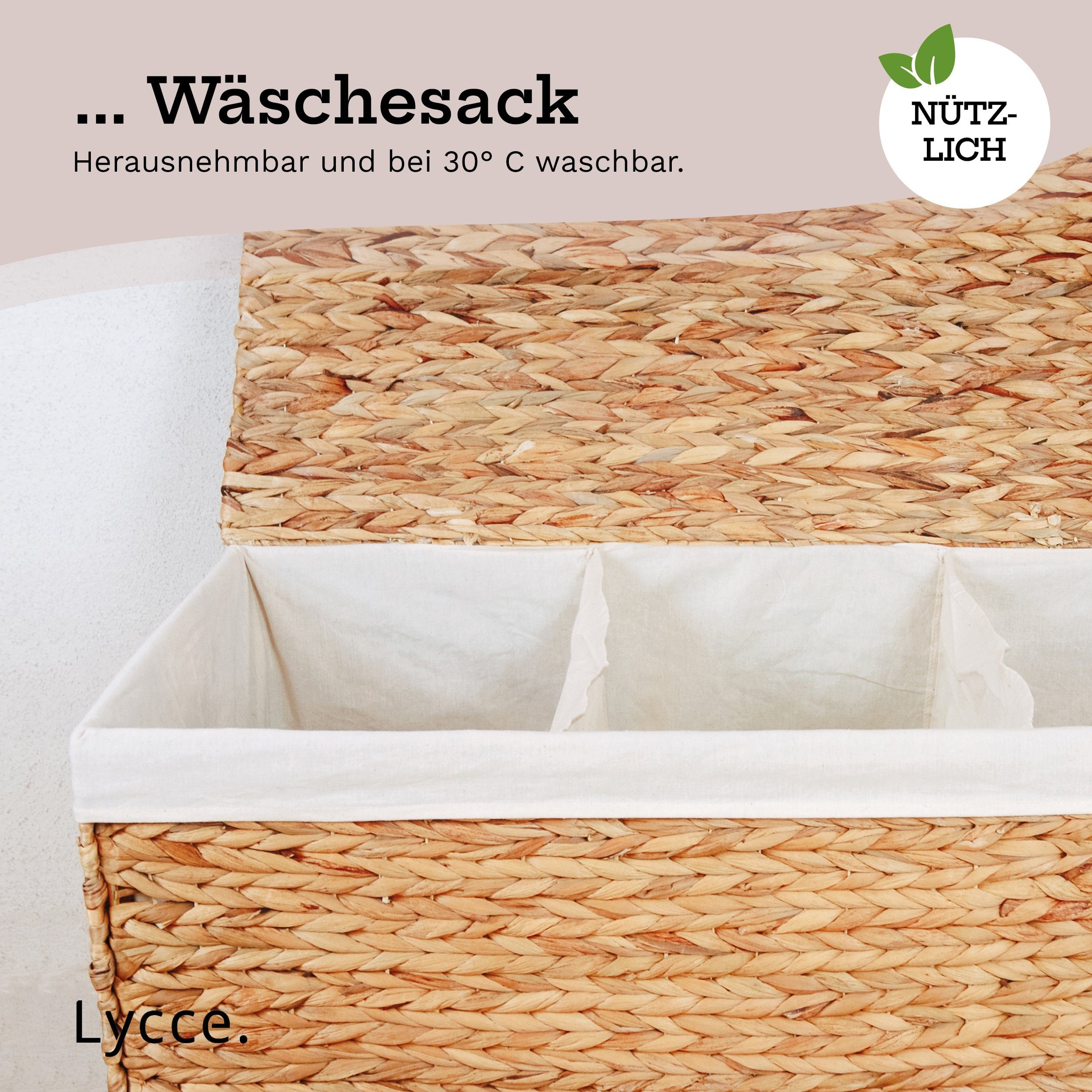 animal-design Wäschetruhe, Wäschekorb 3 Fächer 150 l Wäschesortierer Wasserhyazinthe natur