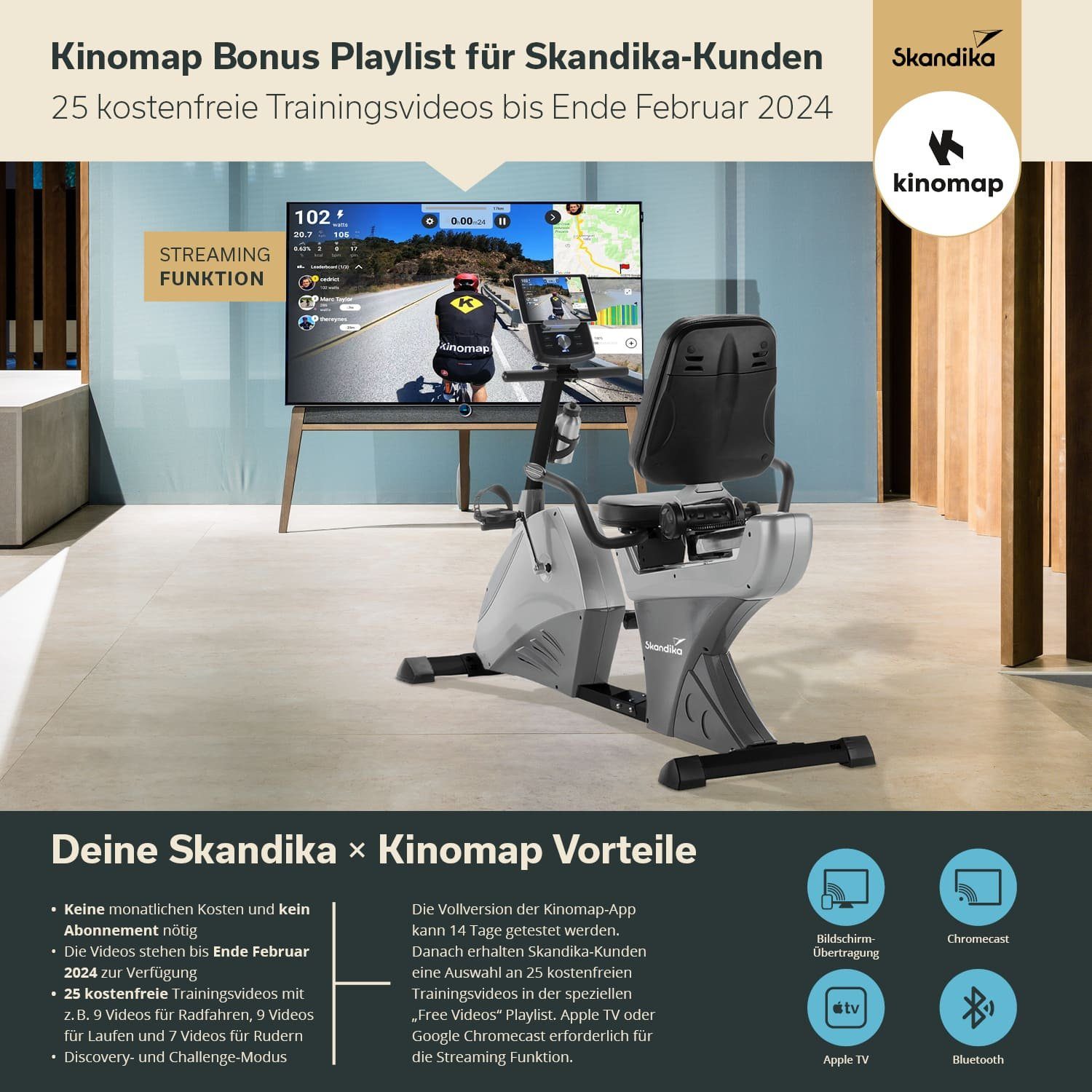 Skandika Ergometer Centaurus (Bluetooth) (schwarz/grau), Liege-Ergometer, Heimtrainer, 13kg Schwungmasse