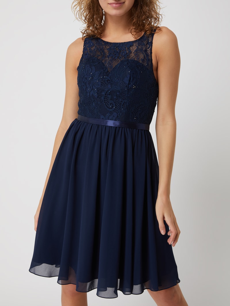 Cocktailkleid aus floraler Spitze und Chiffon in marineblau
