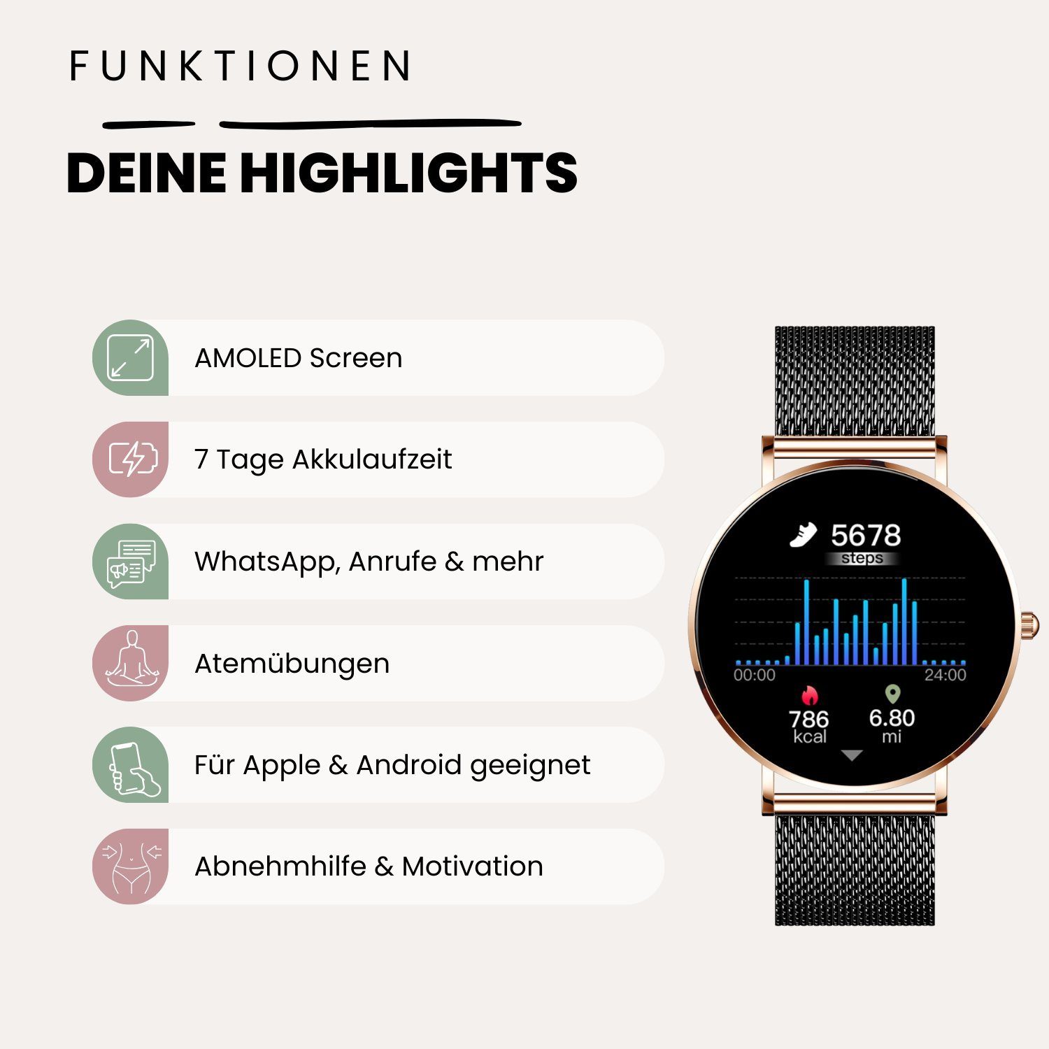 XCOAST SIONA 2 Damen Smartwatch (4,2 cm/1,3 Zoll, iOS und Android) Kostenloses Zusatzarmband enthalten / Gehäuse Rosegold (hell), 4-tlg., - 2in1 PROMOPACK (enthält 2 Mesh Armbänder: Schwarz und Rosegold) -, Wasserdicht/Flach/Puls/Blutdruck/Blutsauers