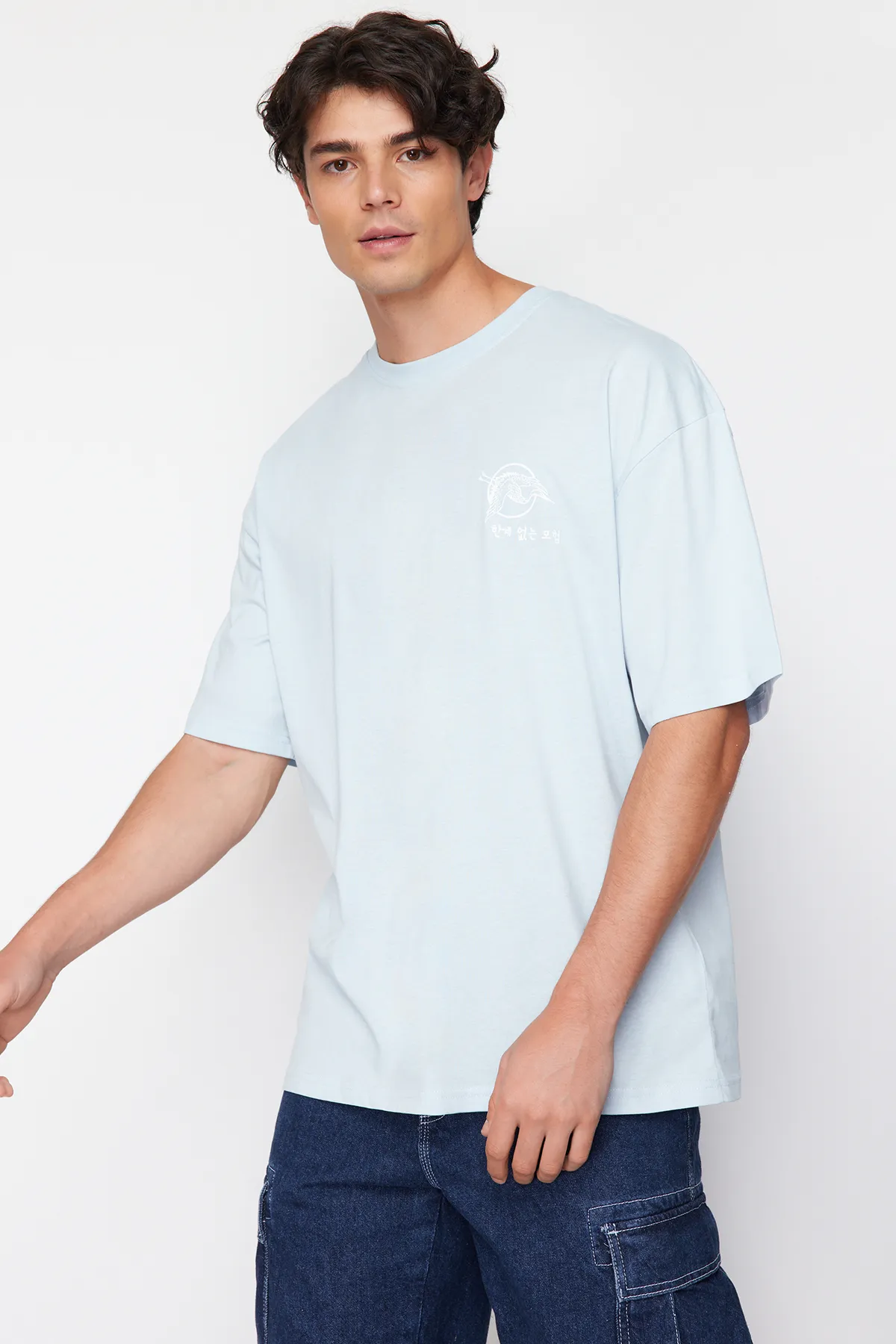 Trendyol Collection  Hellblaues, übergroßes/weit geschnittenes T-Shirt aus 100 % Baumwolle mit Fernost-Aufdruck TMNSS23TS00170