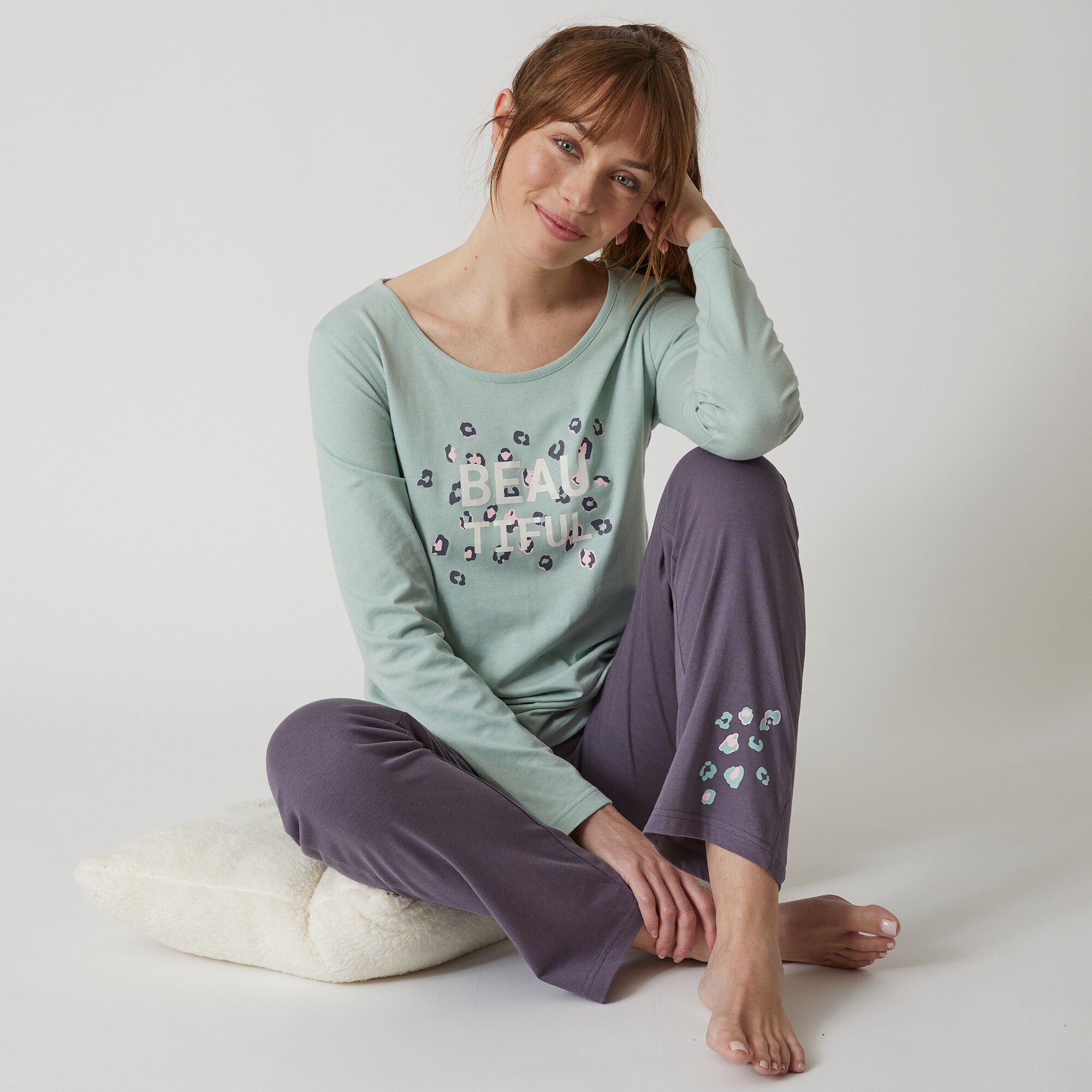 Tee-shirt manches longues coton uni imprimé placé 