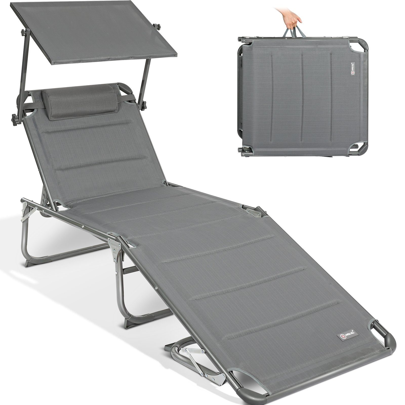 HOMECALL Gartenliege Sonnenliege AluLiege Liegestuhl Strandliege, klappbar, Textilene Mit Dickem Schwamm, Verstellbare Rückenlehne, Sonnenblende, Kopfpolster, bis 150KG
