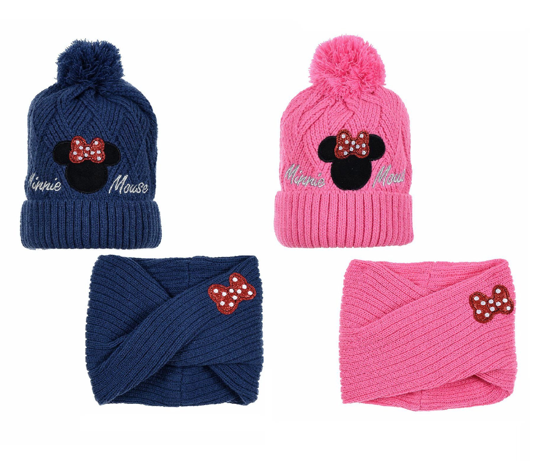 Minnie Mouse Bommelmütze Kinder Mädchen Winter-Set Mütze und Loop Mini Maus (SET)