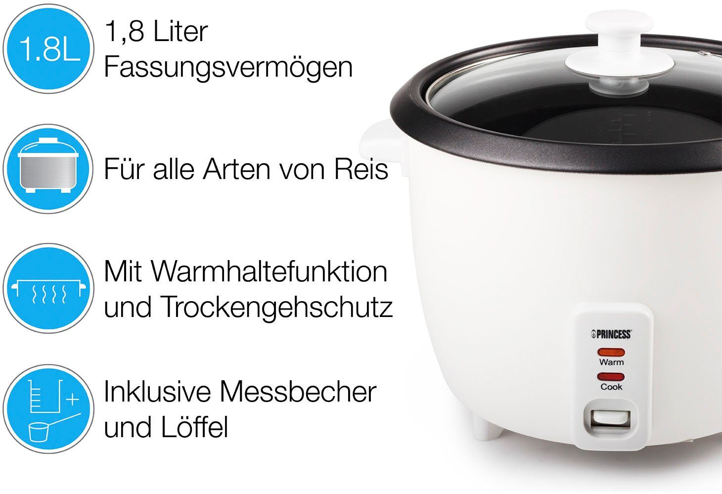 PRINCESS Reiskocher 271940, 700 W, 1,8 Liter, für bis zu 10 Portionen, automatischer Warmhaltefunktion