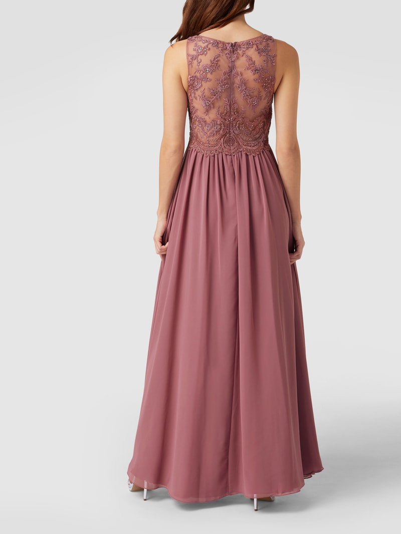 Abendkleid mit Ziersteinen und floralen Stickereien in altrosa
