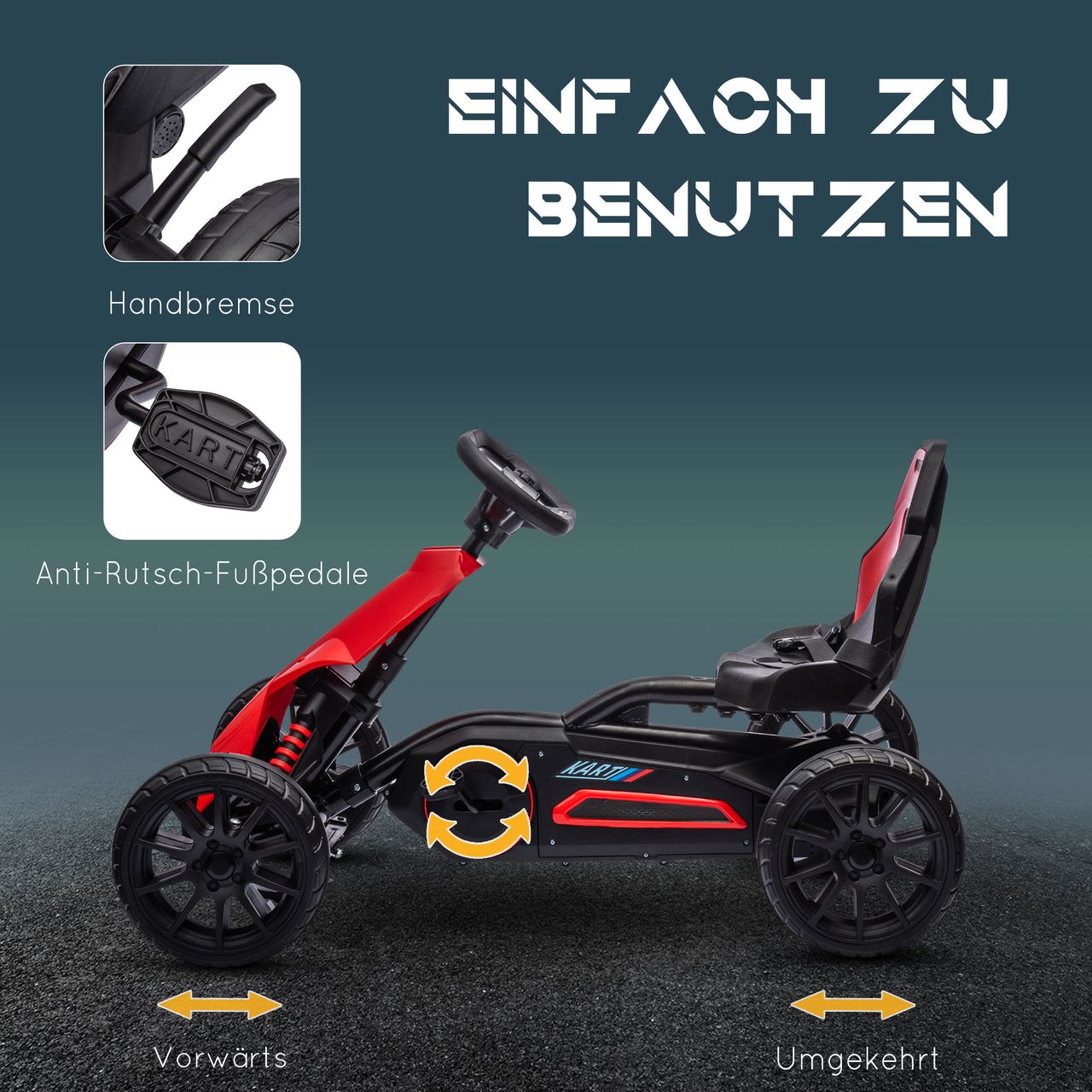 HOMCOM Gokart, Kinderfahrzeug mit verstellbarem Sitz, Tretfahrzeug, Rot