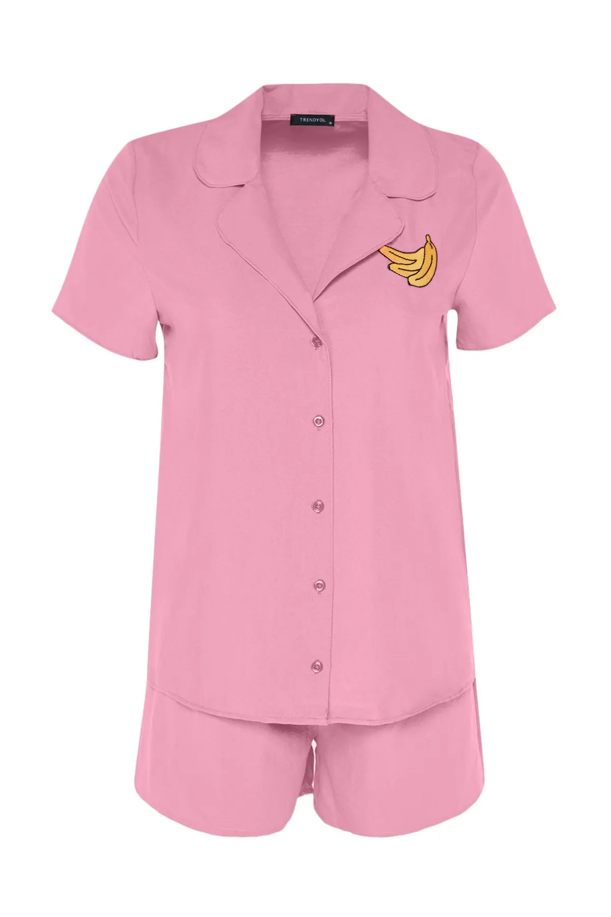 Trendyol Collection  Pink Banana Pyjama-Set aus Viskose-Shirt und Shorts mit Stickerei THMSS23PT00079