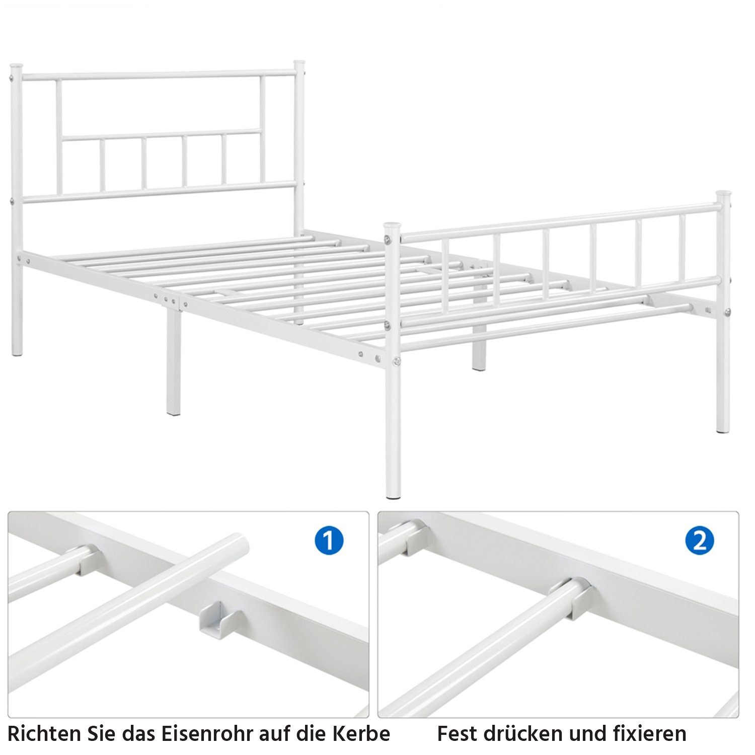 Yaheetech Metallbett, Bettrahmen mit Hohem Kopfteil, Einzelbett Bettgestell mit Lattenrost