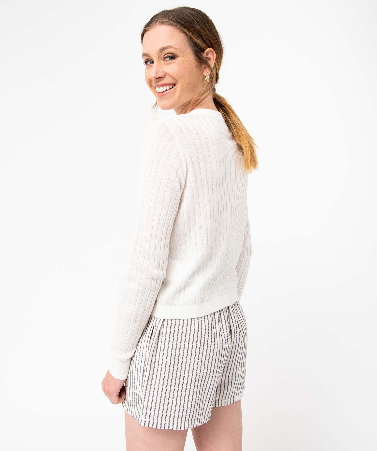 Gilet femme à col rond en maille ctelée - LuluCastagnette blanc | GEMO