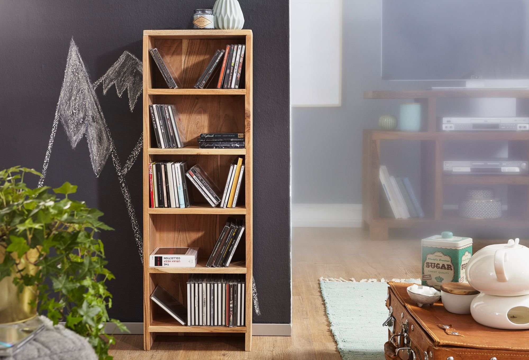 Wohnling CD-Regal WL1.764, Akazie Massivholz 90 cm, Standregal für CDs, CD-Aufbewahrung 5 Fächer, Bücherregal Landhausstil