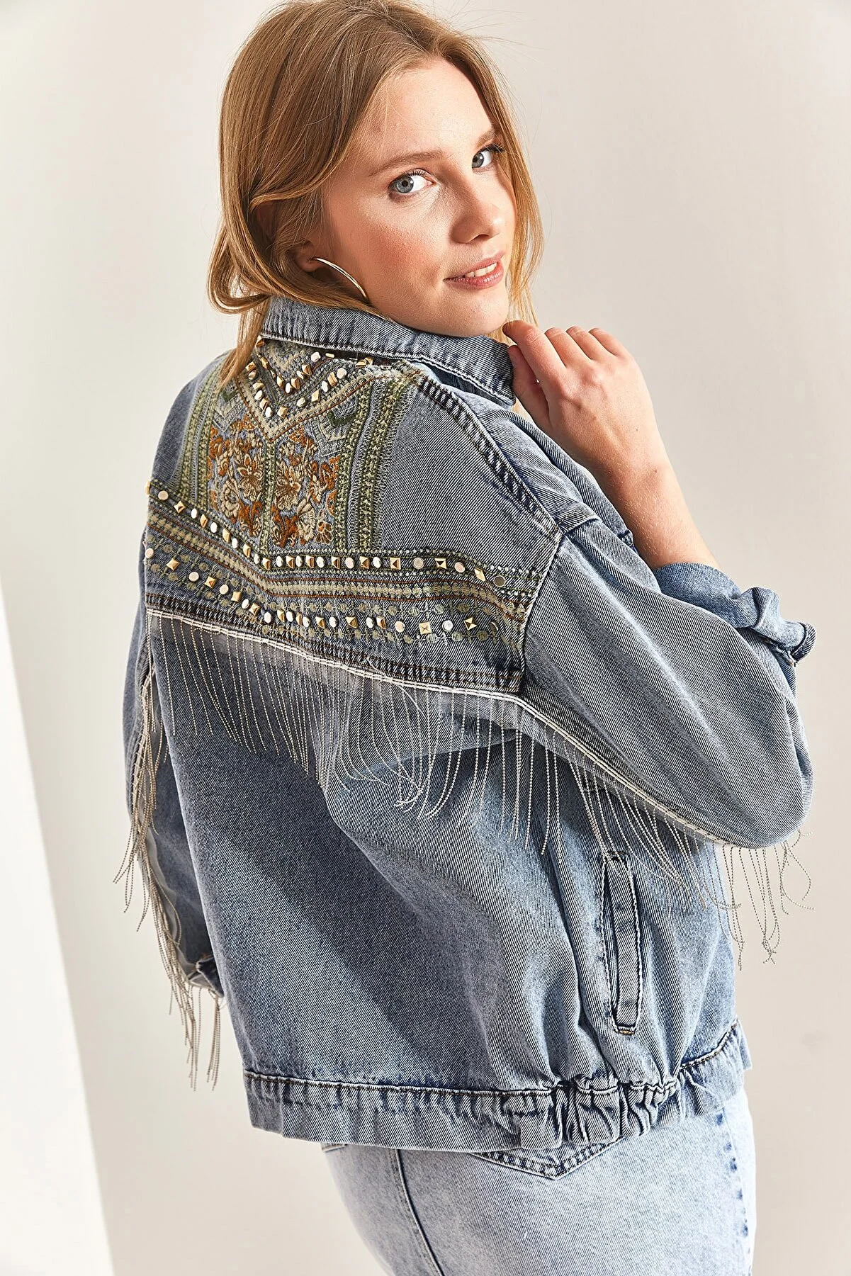 Bianco Lucci  Damen-Jeansjacke mit bestickter Steinstickerei