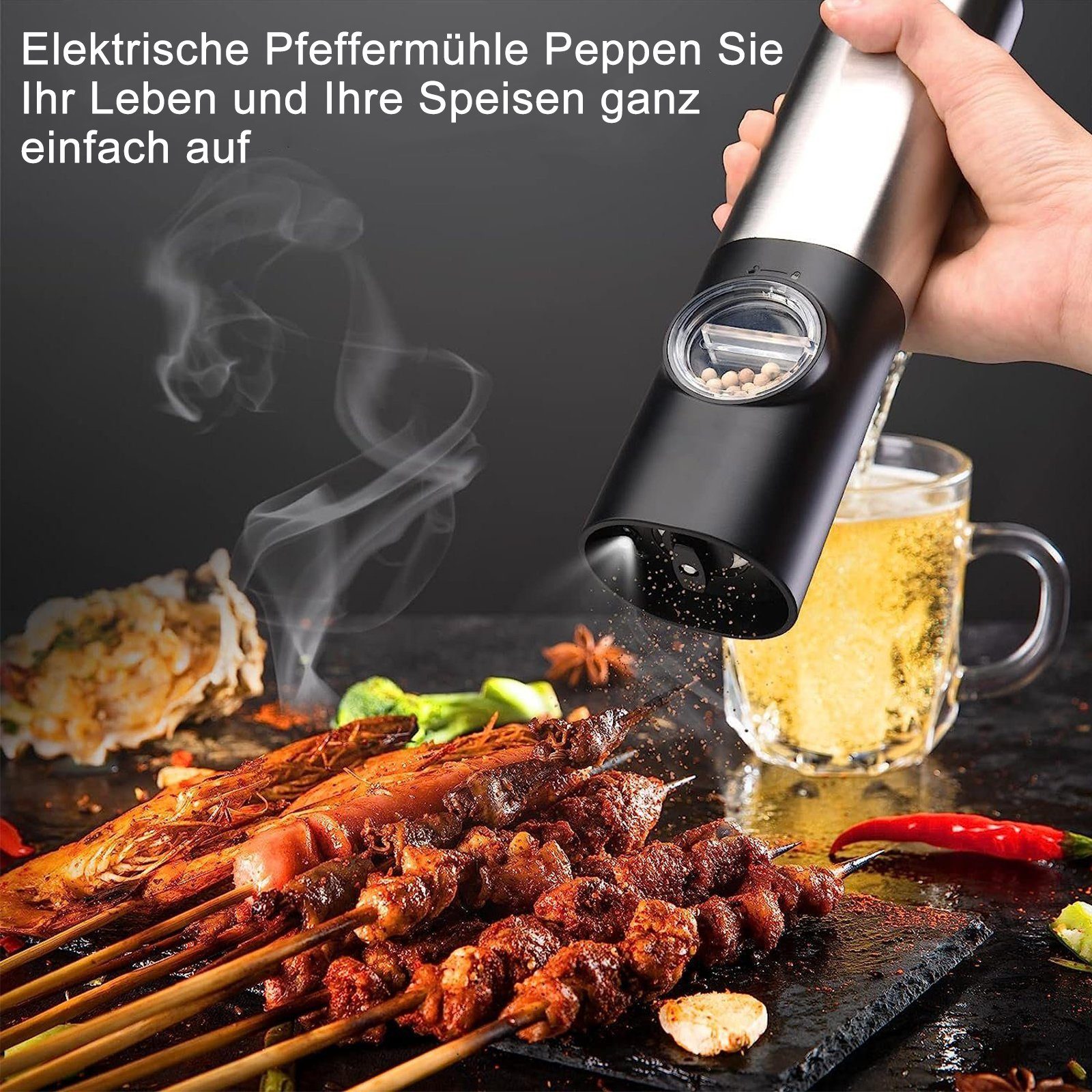 INTEBIKI Pfeffermühle Salz und Pfeffermühle Elektrisch mit Basis,Wiederaufladbare USB Automatischer Betrieb Salzmühle mit LED-Licht,Edelstahl-Einhand-Küchenhelfermühle, (2 Stück), Einstellbare Grobkörnigkeit(2 Stück Gewürzmühle Elektrisch)