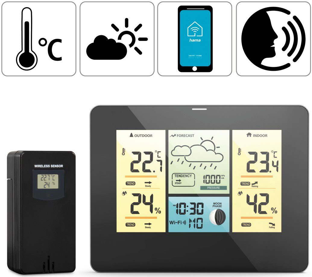 Hama WLAN mit Außensensor, Thermometer/Hygrometer Barometer, App Wetterstation (WLAN, Außensensor, Thermometer/Hygrometer Barometer, App, Farbdisplay)
