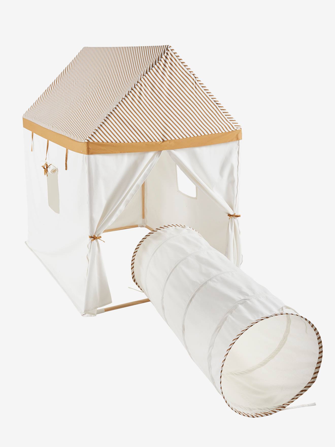 Vertbaudet Kinder Spielzelt, Spielhaus aus Stoff/Holzstangen - wollweiß/senfgelb